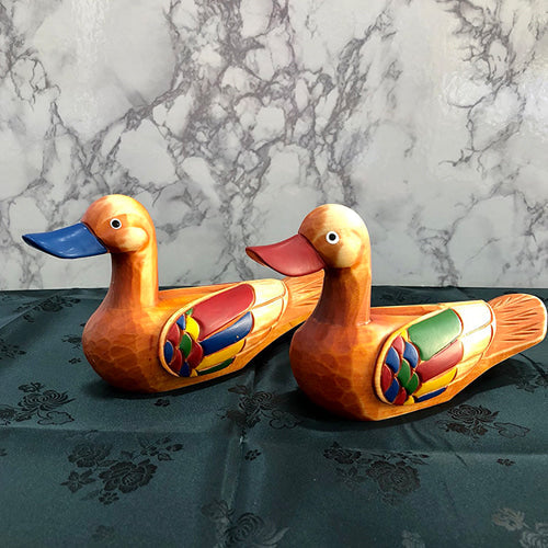 Korean saekdong wedding duck set, two hand-carved wooden ducks painted in rainbow bands