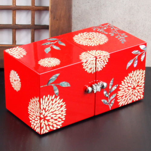 Premium Mother of Pearl ChrysanthemumFlower Double Lidded Jewelry Box (Glossy, Small) - Red, Blue