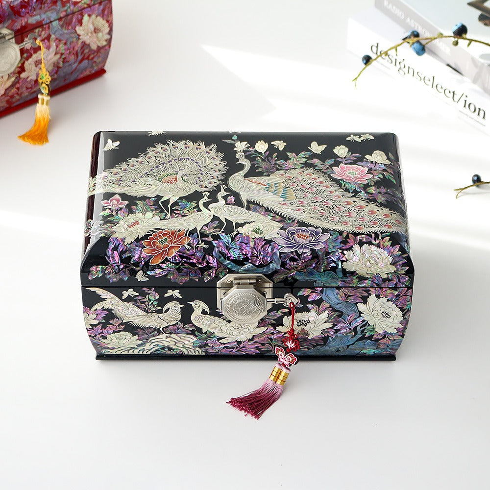 Masterpiece Najeonchilgi Peacock Peony of Wealth 3-Tier Rounded Mother of Pearl Jewelry Box, 30 cm