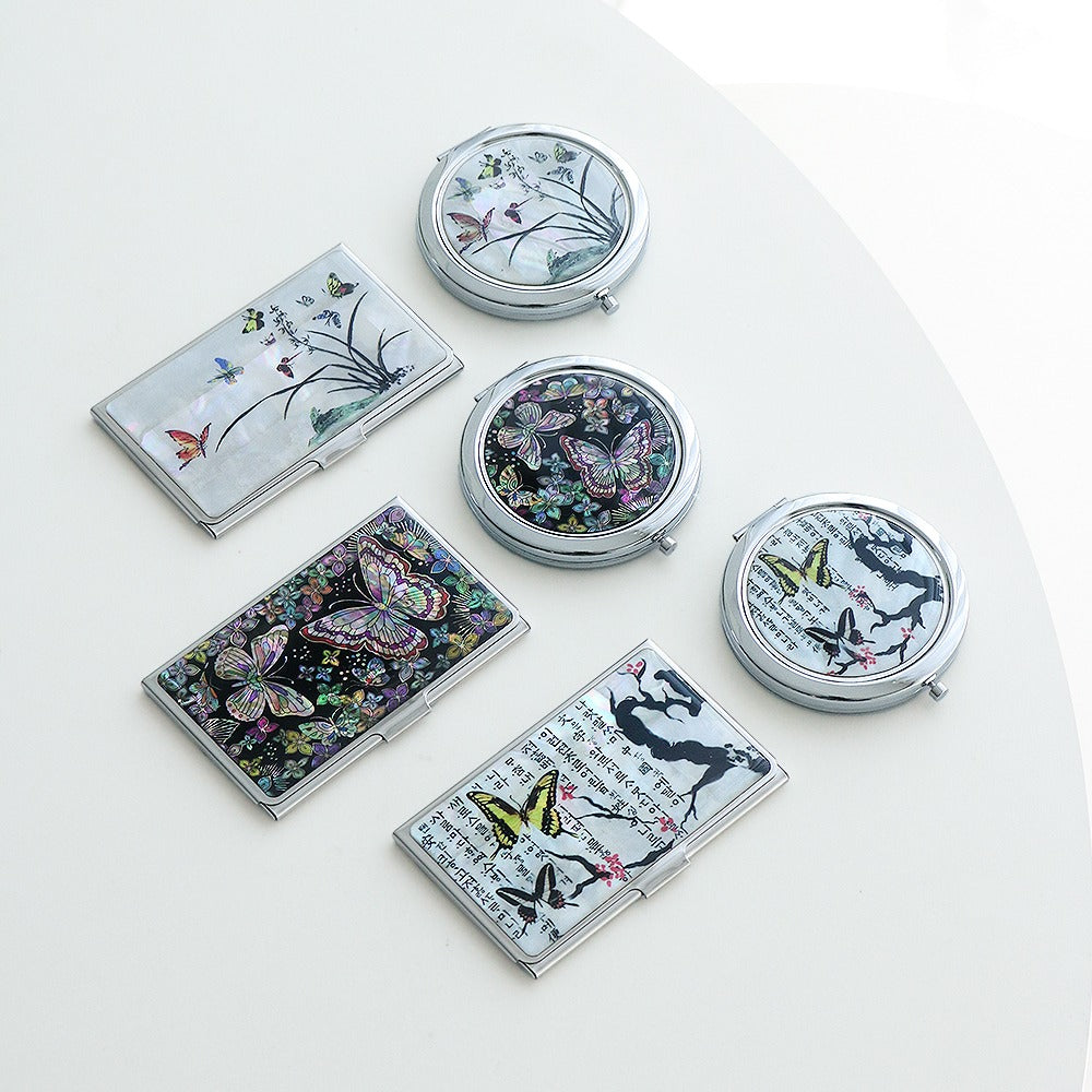 2-Piece Set: Mother of Pearl Business Card Case Mother of Pearl One-Touch Hand Mirror N