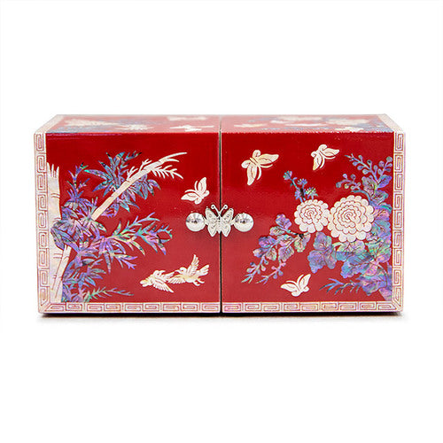 Four Gracious Plants NaturalMother of Pearl Double Lidded Jewelry Box (Medium, Glossy, Red) - Oh Myung-ho