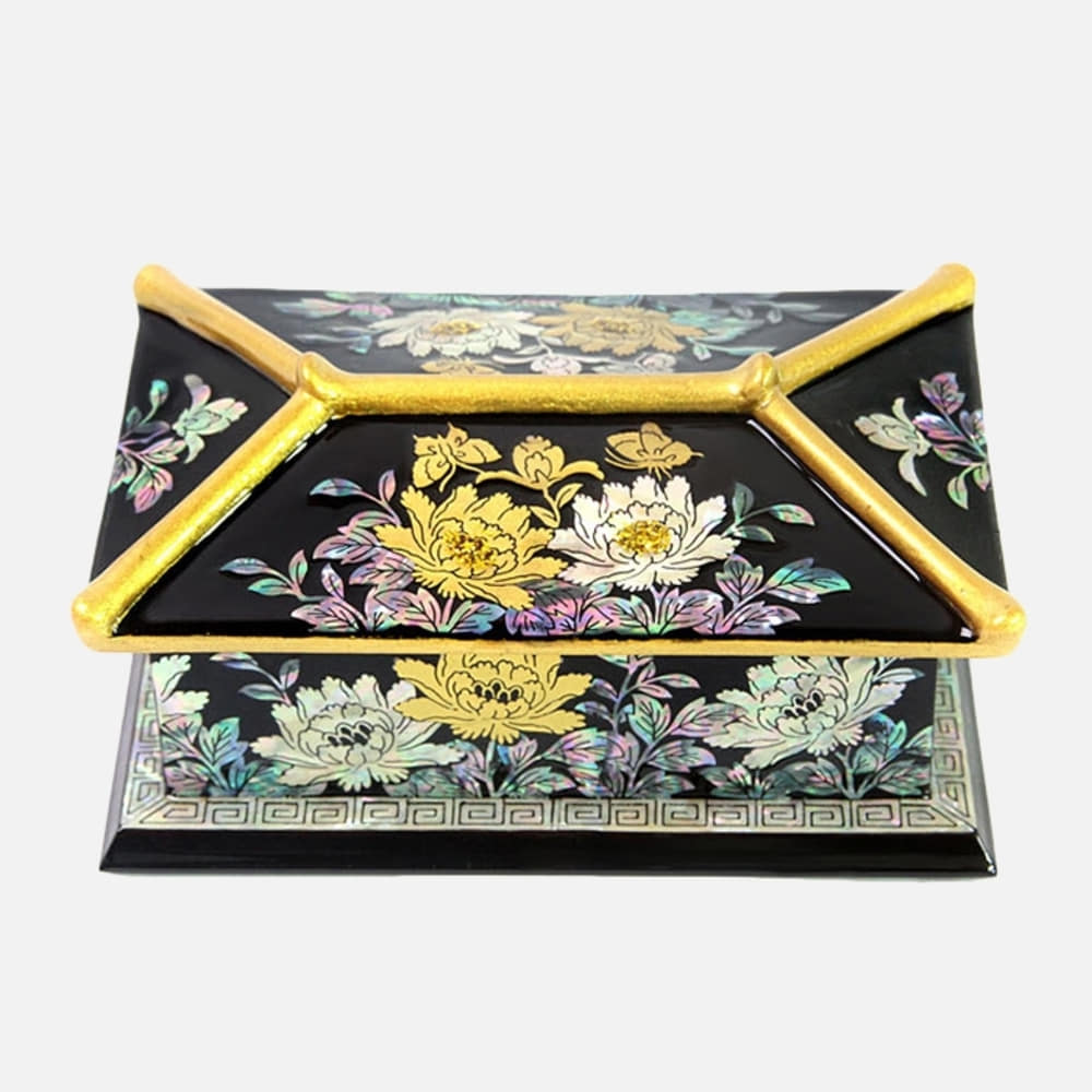 Masterpiece Najeon Gold-Trimmed Peony Roof-Tile Business Card Case Black (Master Artisan Kim Yong-gwan)