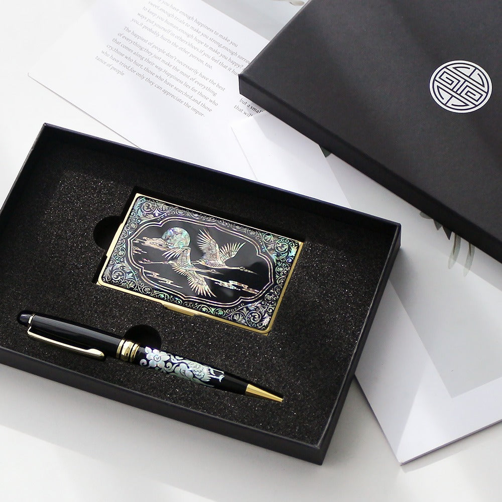 2-Piece Set: Gold Mother of Pearl Business Card Case N Mother of Pearl Pen