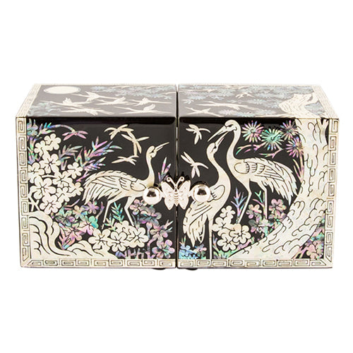 Crane & Pine Cloud Pattern Border Double Lidded Mother of Pearl Jewelry Box (Small, Glossy, Oh Myung-ho)