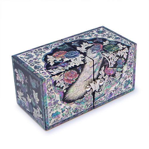 Peacock Double Lidded Mother of Pearl Jewelry Box (Medium, Black) - Oh Myung-ho