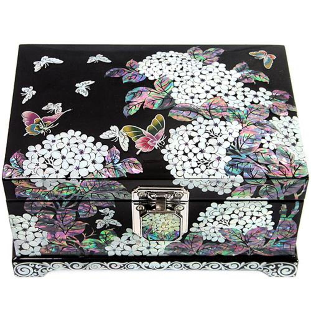 Premium Najeonchilgi Painted Ottchil Lacquer Hydrangea Mother of Pearl Jewelry Box (Black) Jewelry Box, 18 cm (Master Artisan Park Jin-seop)