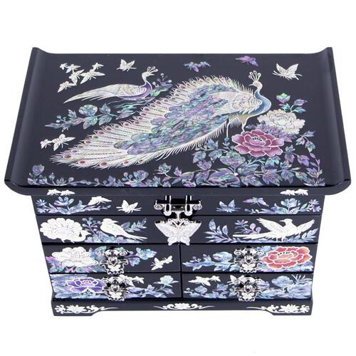 Peacock Scholar 5-Tier Drawer Mother of Pearl Jewelry Box中 (Glossy, Black)