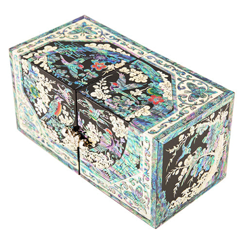 Flowers & Birds Double Lidded Mother of Pearl Jewelry Box (Black)