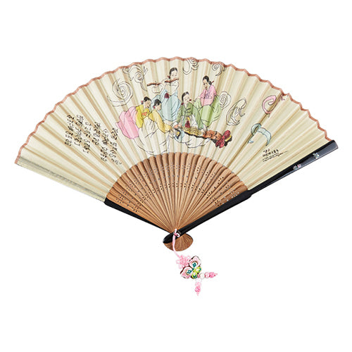 Korean folding fan painted with a geomungo zither music scene