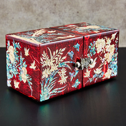 Four Gracious Plants Hanji Double Lidded Mother of Pearl Jewelry Box (Medium, Glossy, Red)