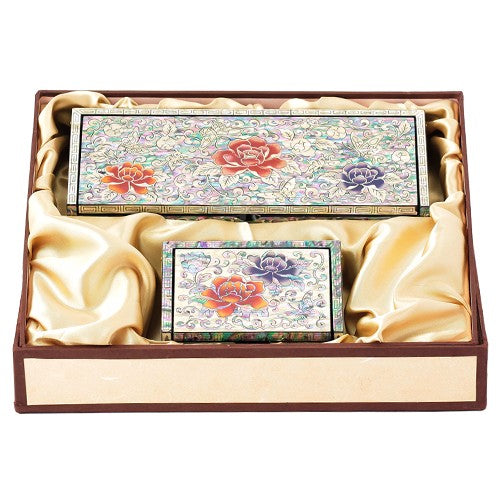 Auto-Slide Square Business Card & Pen Holder Set — Butterfly and Peony Patterns - OF0238