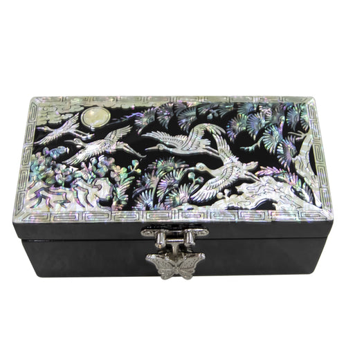 Joseon Mother of Pearl Straight - Sided Jewelry Box - Peony, Crane & Pine, Butterfly, Flowers & Birds Motif (1-Tier, Oh Myung-ho)