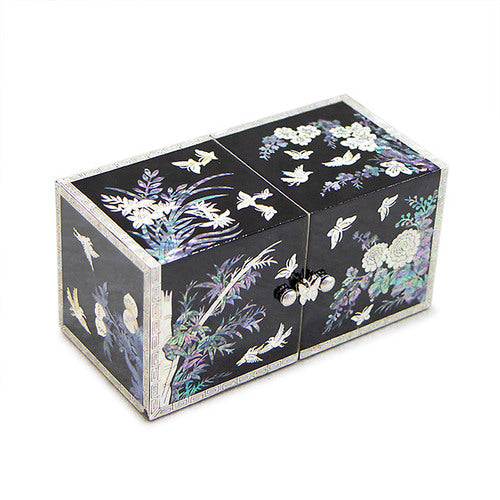 Four Gracious Plants NaturalMother of Pearl Double Lidded Jewelry Box (Medium, Glossy, Black) - Oh Myung-ho