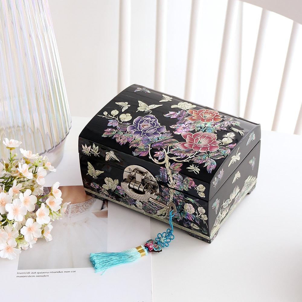 Premium 2-Tier Najeonchilgi Rounded Peony Black Mother of Pearl Jewelry Box, 18 cm (Master Artisan Jang Tae-bok)