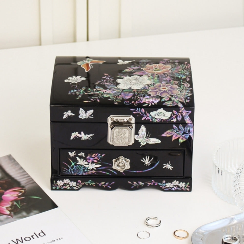 Najeonchilgi 1-Tier Drawer Vanity Mirror Mother of Pearl Jewelry Box (Ottchil Lacquer Painted Peony) Jewelry Box (Master Artisan Hong Seok-pyo)