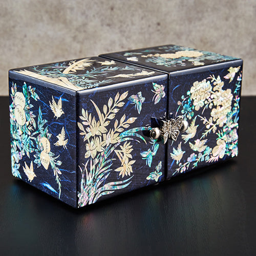Four Gracious Plants Hanji Double Lidded Mother of Pearl Jewelry Box (Small, Glossy, Blue)