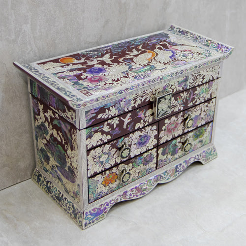 Pine & Crane Roof-Tile 4-Tier Najeonchilgi Jewelry Box with Embroidered Drawers by Kim Young-man