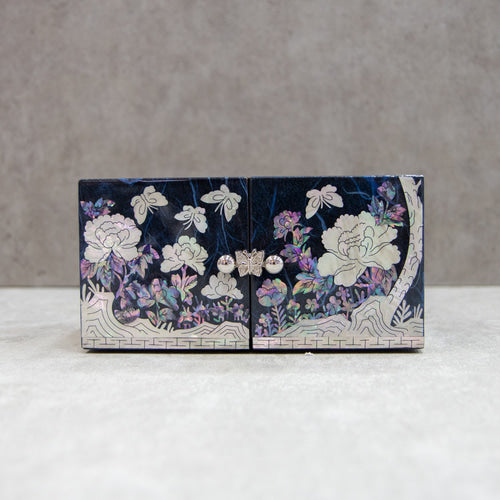 Peony Hanji Double Lidded Mother of Pearl Jewelry Box (Small, Blue)