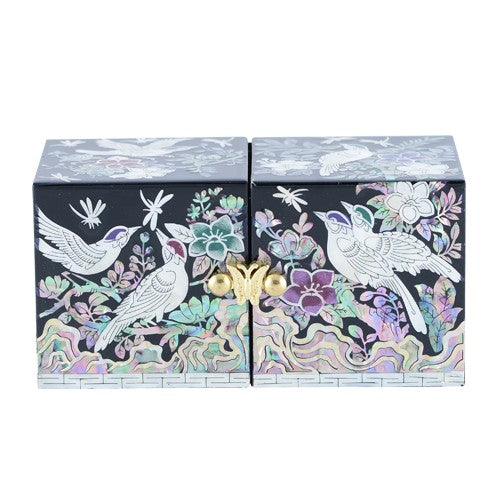 Glossy Flowers & Birds Pattern Double Lidded Jewelry Box (Black) Small