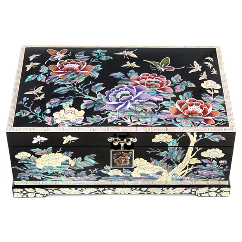 Premium Najeonchilgi 2-Tier Birds & Flowers Peony Black Mother of Pearl Jewelry Box Yedan Wedding Gift Box, 24 cm