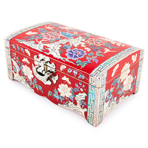Peony Straight Rounded Mother of Pearl Jewelry Box (No. 8, Red)