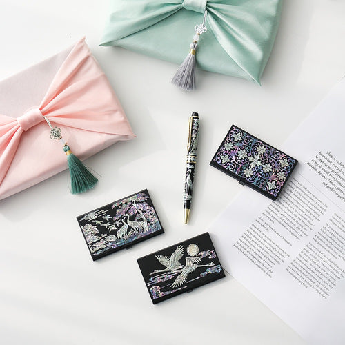 2-Piece Set: Carved Mother of Pearl Business Card Case Pine & Crane Mother of Pearl Pen Set