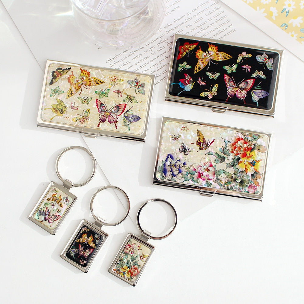 2-Piece Set: Mother of Pearl Business Card Case Keyring K