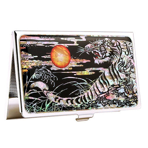 Mother of Pearl Business Card Case & Ballpoint Pen Set, White Tiger