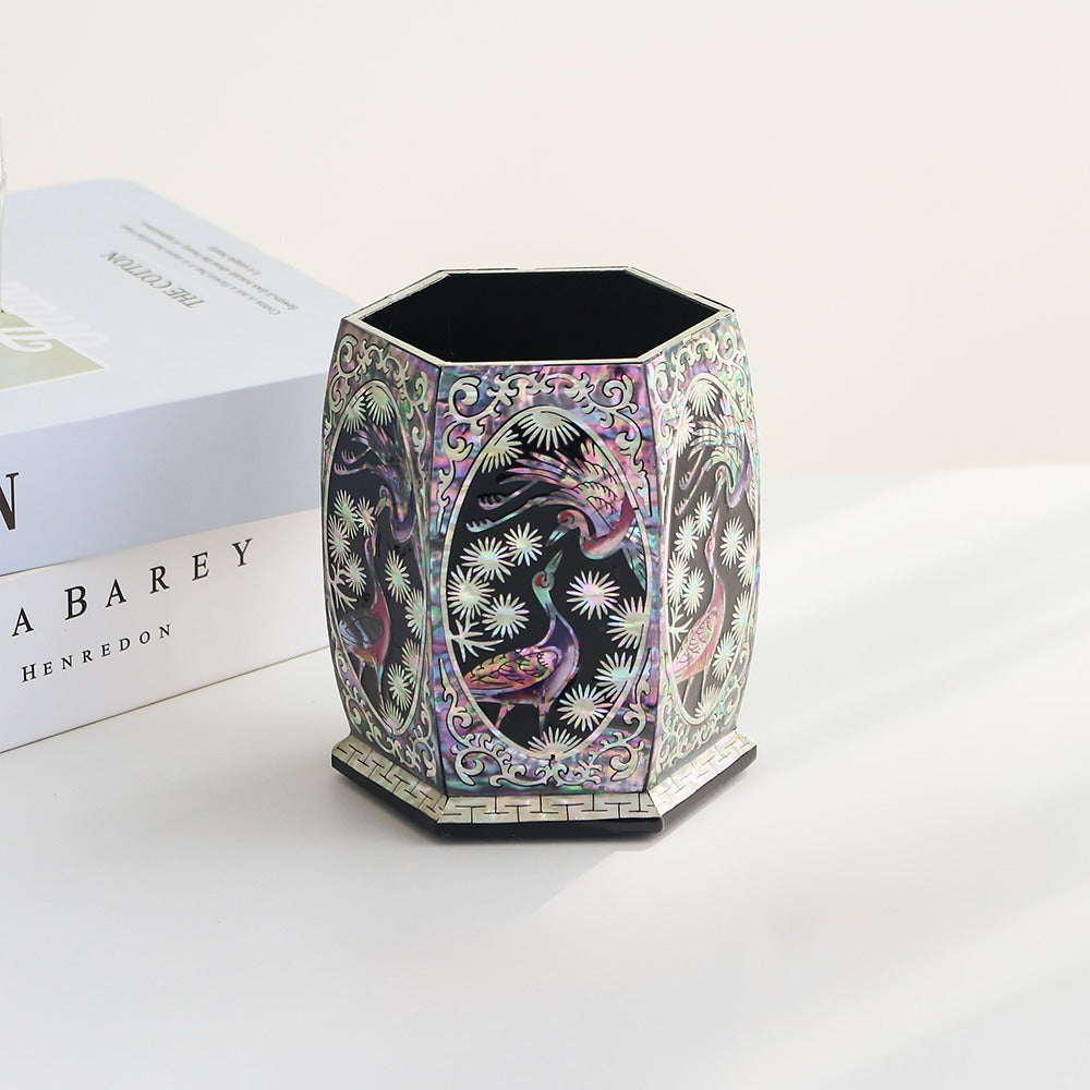 Premium Najeon Hexagonal Pine & Crane Black Pen Holder Pencil Holder (Master Artisan Jang Tae-bok)