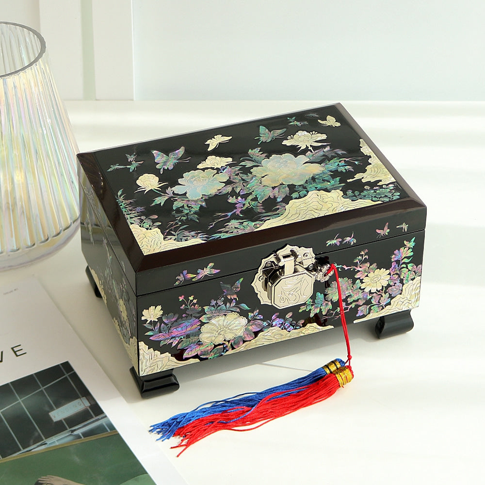 Masterpiece Najeonchilgi Peony & Pearl 2-Tier Mother of Pearl Jewelry Box Yedan Wedding Gift Box, 24 cm (Master Artisan Hong Seok-pyo)