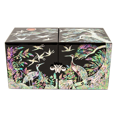 Mother of Pearl Jewelry Box (Double Lidded, Crane & PineB, Medium)