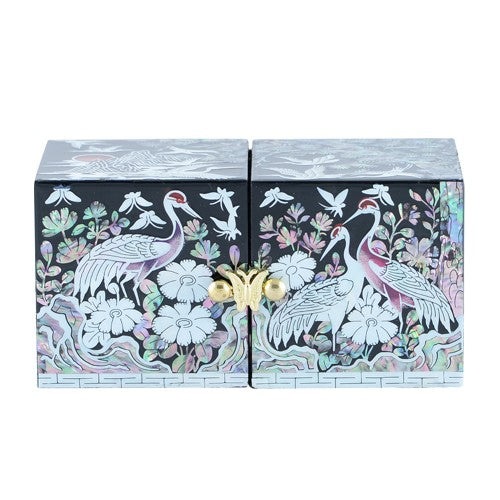 Glossy Crane & Pine Double Lidded Jewelry Box (Black) Small
