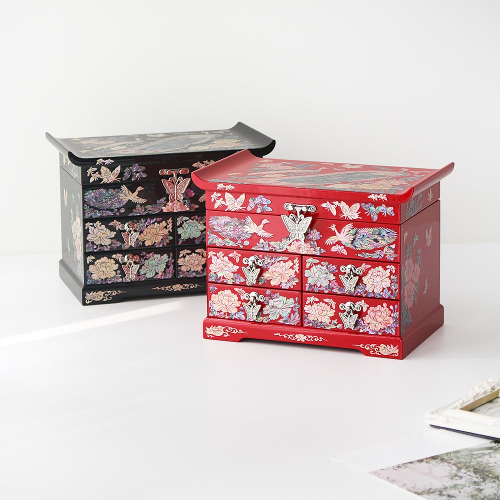 Najeonchilgi Peacock Flower 4-Tier Drawer Mother of Pearl Jewelry Box (Medium)