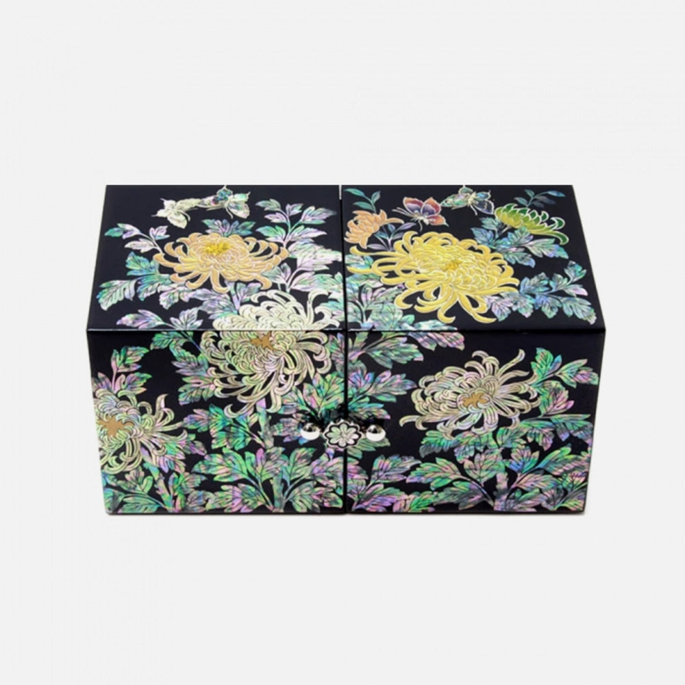 Black lacquer Korean double-lidded jewelry box with gold-trimmed chrysanthemums, leaves and butterflies inlaid in mother-of-pearl across the lids and front, small silver clasp at the centre