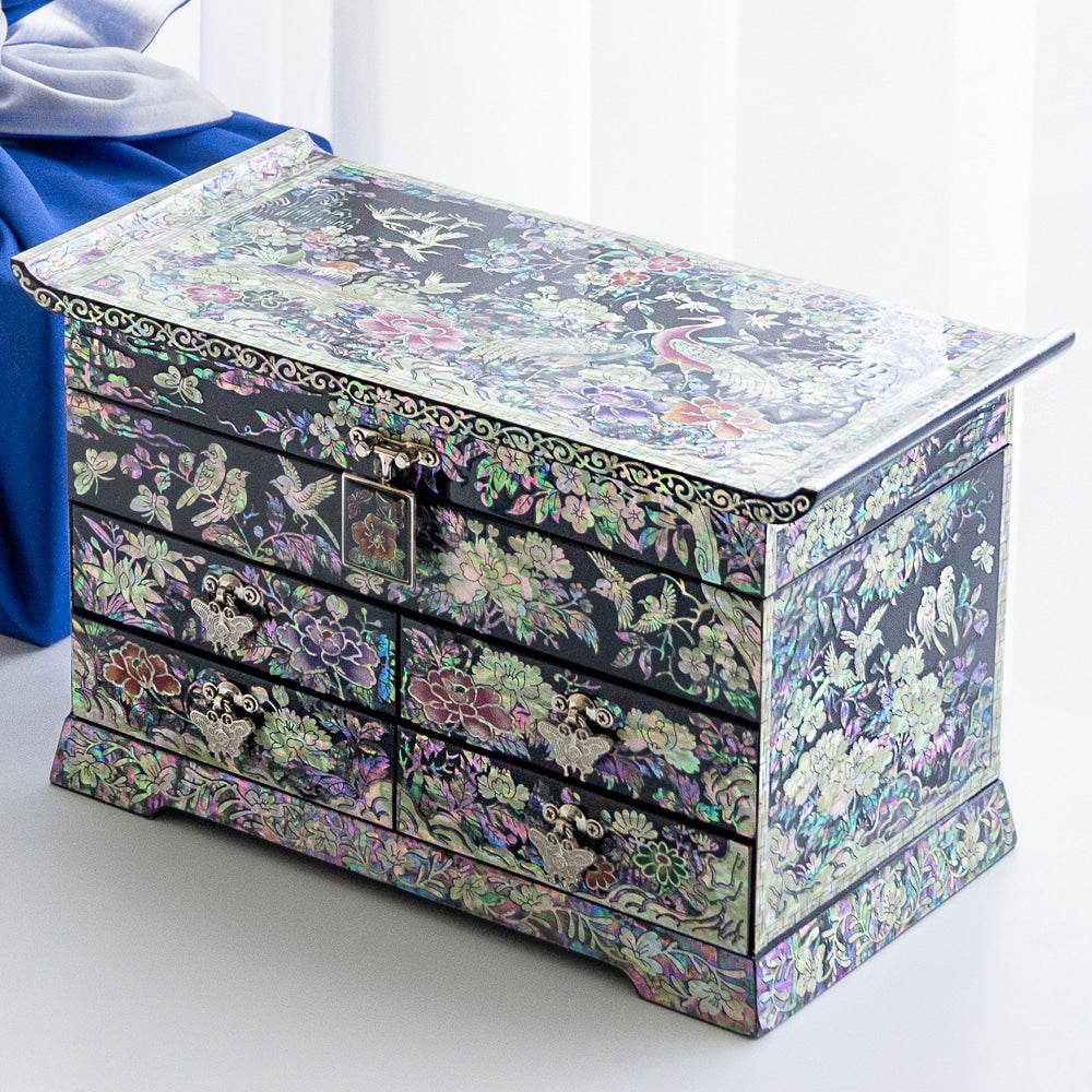 Peacock Scholar 5-Drawer Mother of Pearl Jewelry Box中(Glossy, Black)