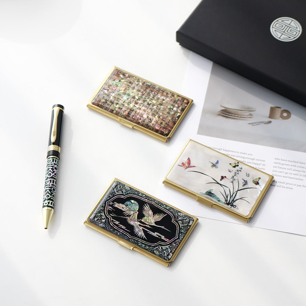 2-Piece Set: Gold Mother of Pearl Business Card Case N Hangul Lattice Mother of Pearl Pen Set (Lower Inlay)