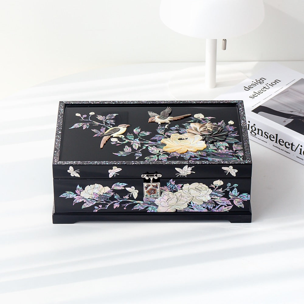 Black lacquer two-tier Korean jewelry box with peonies, leaves and perched birds inlaid in large unbroken pieces of mother-of-pearl across the lid and front