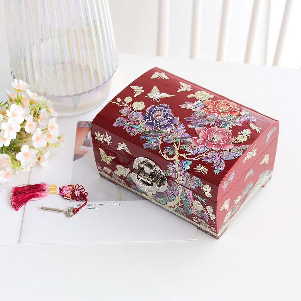 Premium 2-Tier Najeonchilgi Rounded Peony Red Mother of Pearl Jewelry Box, 18 cm (Master Artisan Jang Tae-bok)