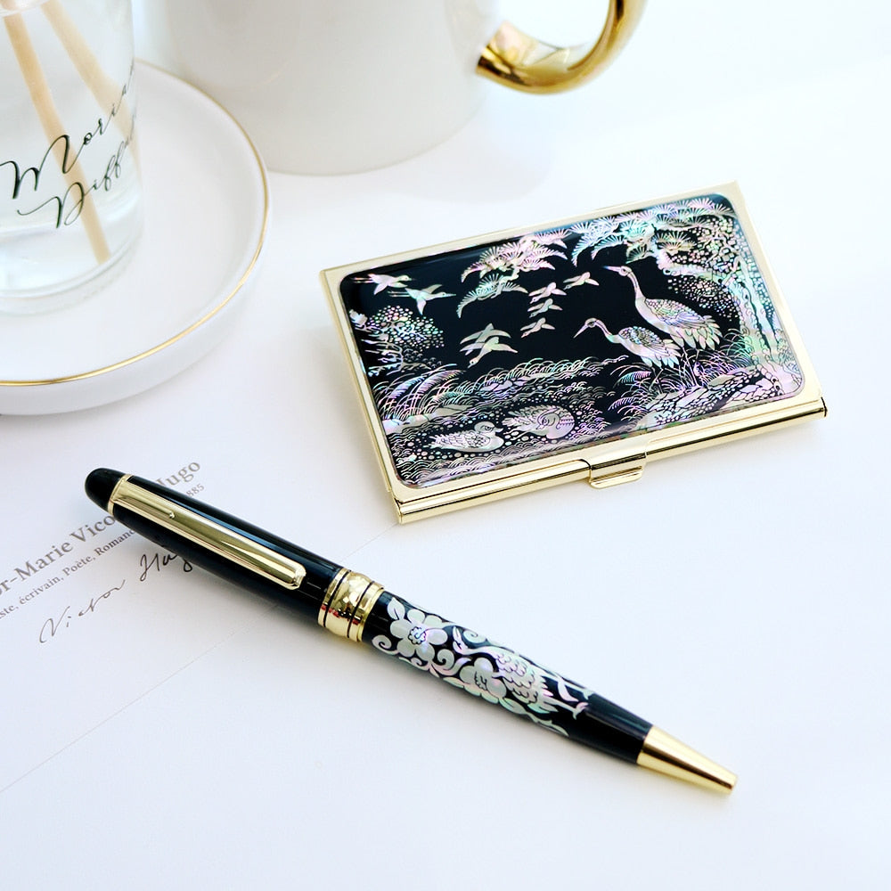 2-Piece Set: Gold Business Card Case K Mother of Pearl Pen Set