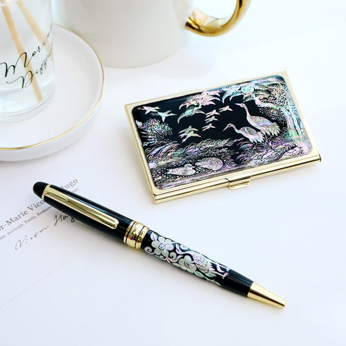 2-Piece Set: Gold Business Card Case K Mother of Pearl Pen Set