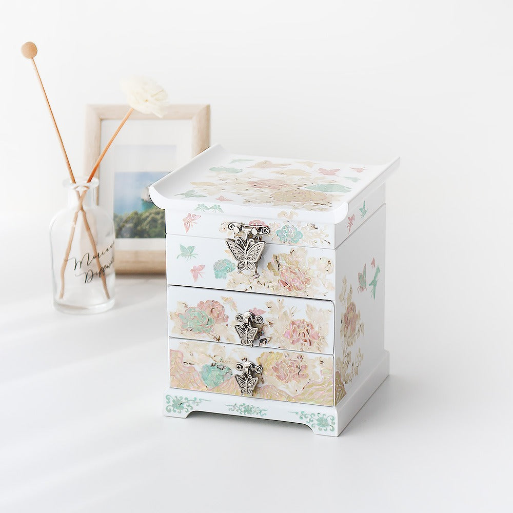 Najeonchilgi Peony White Drawer Mother of Pearl Jewelry Box