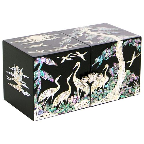 Najeonchilgi Lacquerware SecretJewelry Box Crane & Pine Motif Double Lidded Mother of Pearl Jewelry Box