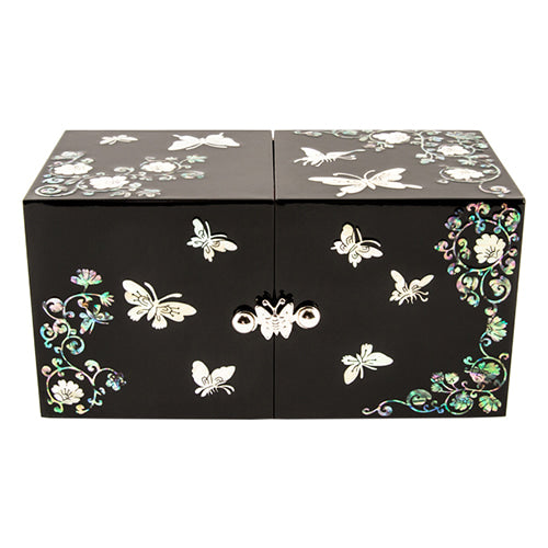 Glossy Double Lidded Mother of Pearl Jewelry Box (Butterfly, Medium)