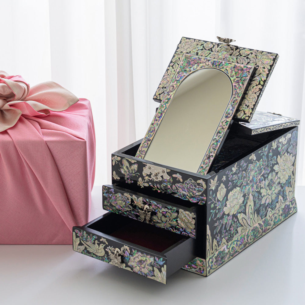 Premium Najeonchilgi lacquerware 5-Drawer Mother of Pearl Jewelry Box大 (Matte, Black)