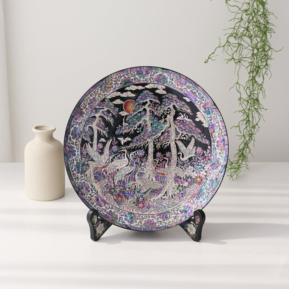 Najeonchilgi Pine & Crane Ornament Dragon Round Mother of Pearl Tray, 30 cm