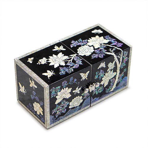 Peony NaturalMother of Pearl Double Lidded Jewelry Box (Medium, Glossy, Black) - Oh Myung-ho