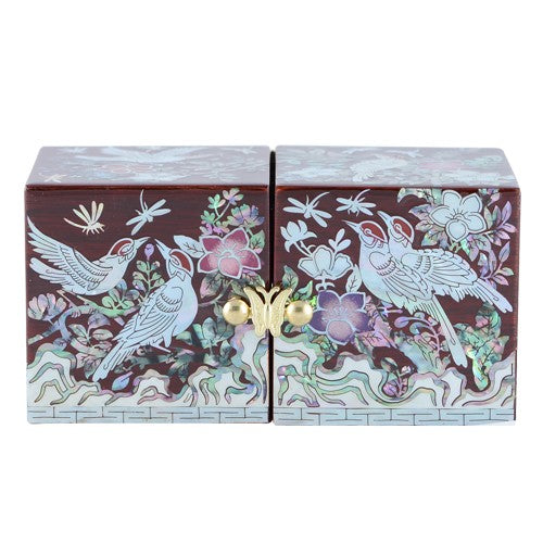 Glossy Flowers & Birds Pattern Double Lidded Jewelry Box (Red) Small