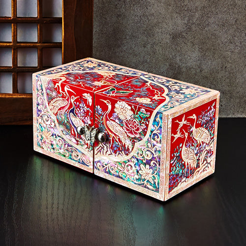 Round Crane & Pine Double Lidded Mother of Pearl Jewelry Box (Small, Red, Oh Myung-ho)