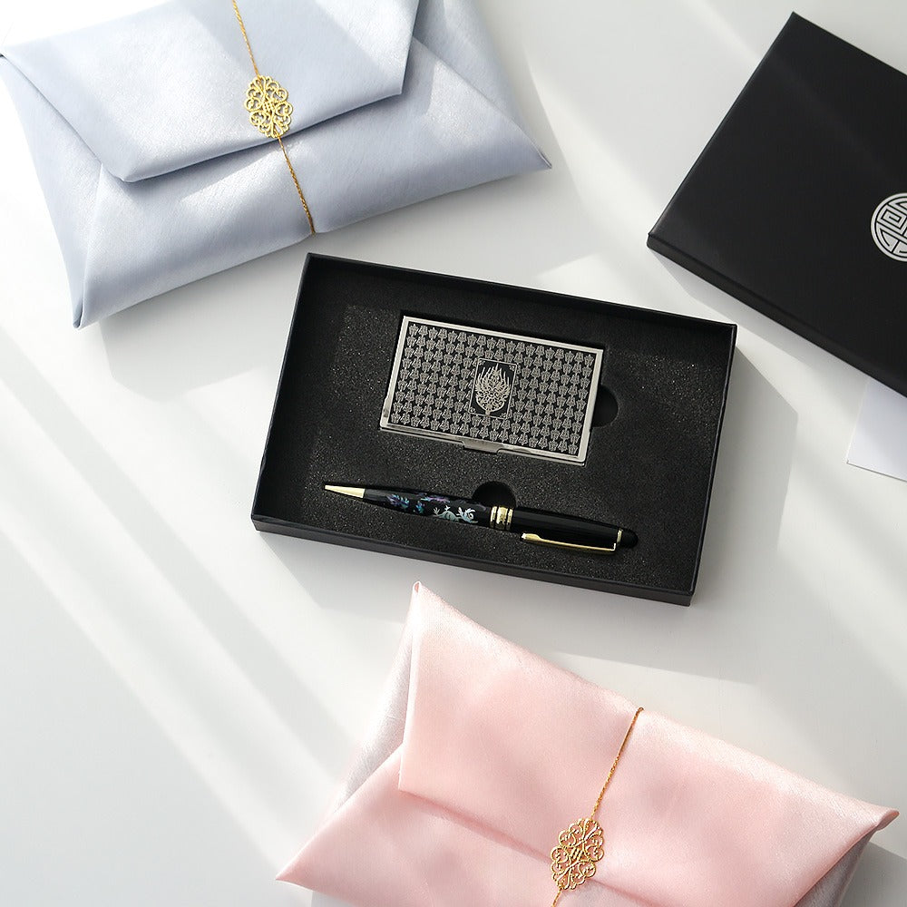 2-Piece Set: Metal Business Card Case Mother of Pearl Pen Set