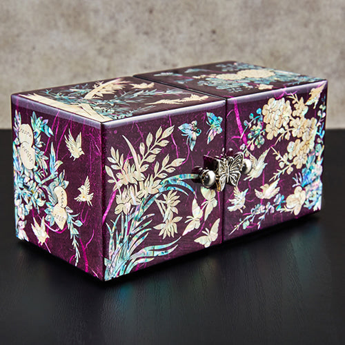 Four Gracious Plants Hanji Double Lidded Mother of Pearl Jewelry Box (Medium, Glossy, Purple)